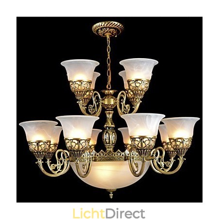 Bronzen kroonluchter vijftien lampen moiré glas Europees retro klassiek Bronzen kroonluchter vijftien lampen moiré glas Europees retro klassiek