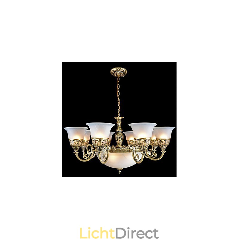 Bronzen kroonluchter elf lampen moiré glas Europees retro klassiek