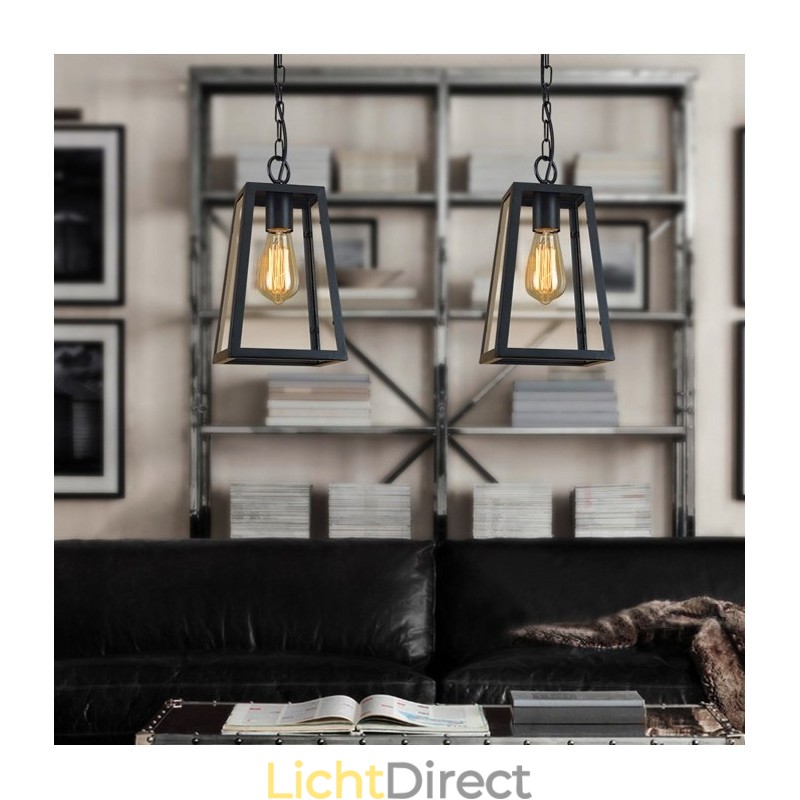 Vintage metalen hanglamp met glazen kap