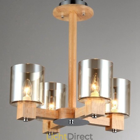 4 Lichte houten moderne eigentijdse kroonluchter in Scandinavische stijl met glazen kap 4 Lichte houten moderne eigentijdse kroonluchter in Scandinavische stijl met glazen kap
