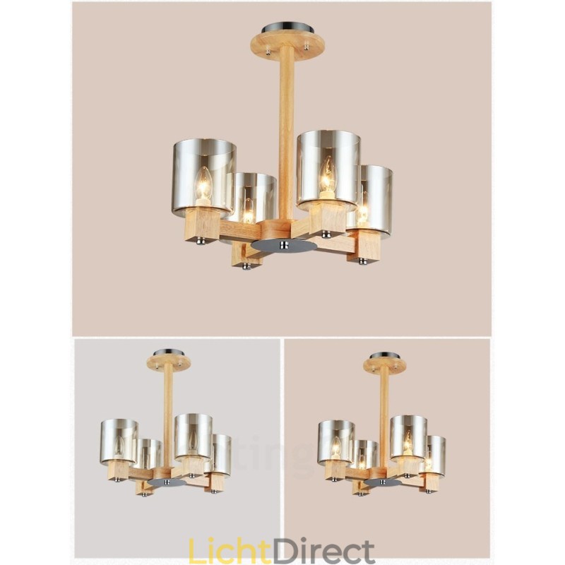 4 Lichte houten moderne eigentijdse kroonluchter in Scandinavische stijl met glazen kap