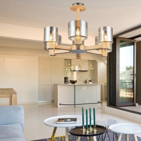 6 Lichte houten moderne eigentijdse kroonluchter in Scandinavische stijl met glazen kap 6 Lichte houten moderne eigentijdse kroonluchter in Scandinavische stijl met glazen kap