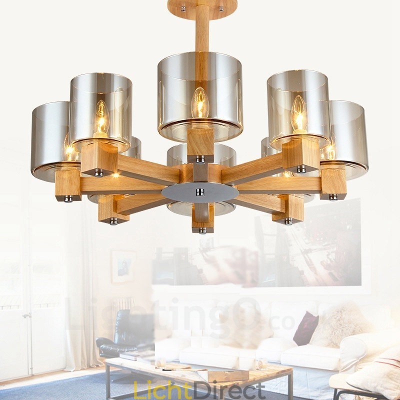 8 Lichte houten moderne eigentijdse kroonluchter in Scandinavische stijl met glazen kap