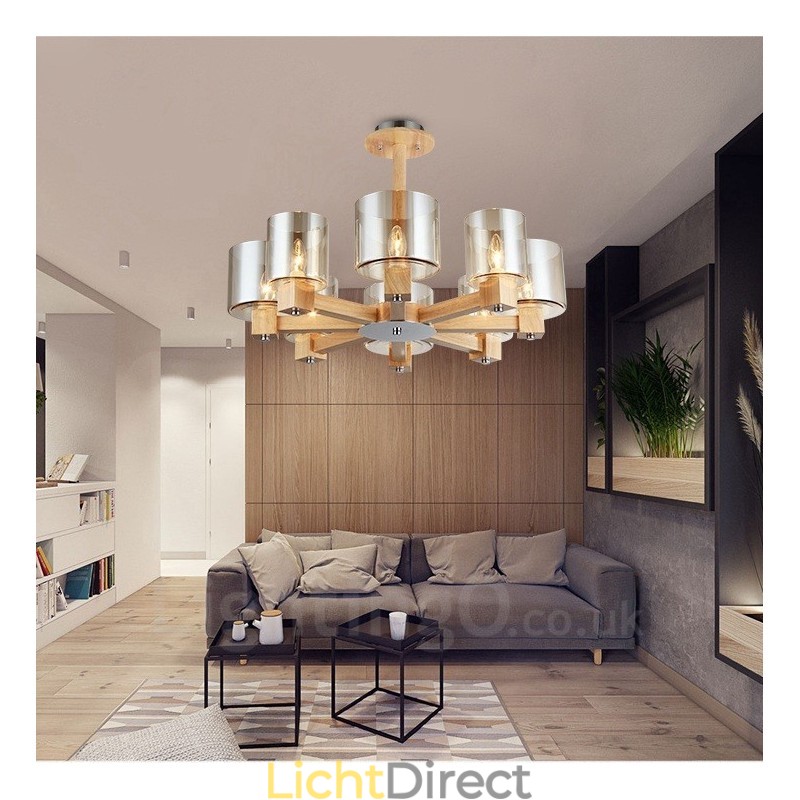 8 Lichte houten moderne eigentijdse kroonluchter in Scandinavische stijl met glazen kap