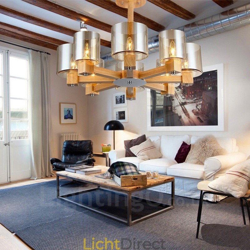 8 Lichte houten moderne eigentijdse kroonluchter in Scandinavische stijl met glazen kap
