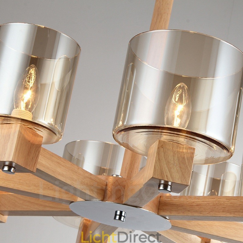 8 Lichte houten moderne eigentijdse kroonluchter in Scandinavische stijl met glazen kap
