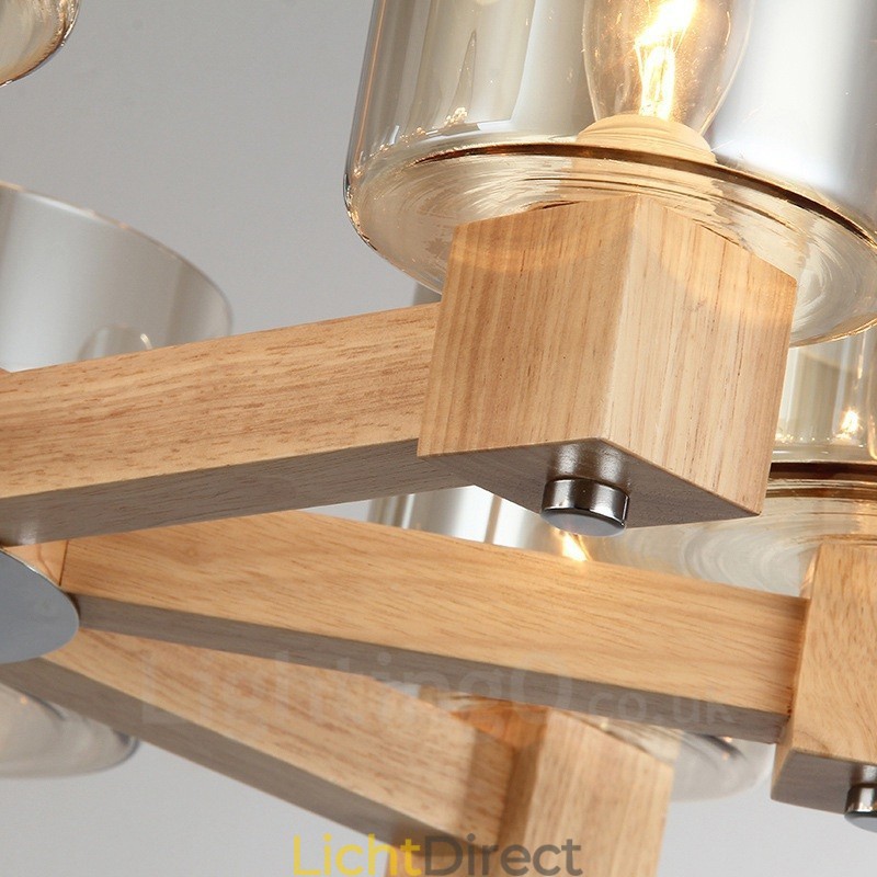 8 Lichte houten moderne eigentijdse kroonluchter in Scandinavische stijl met glazen kap
