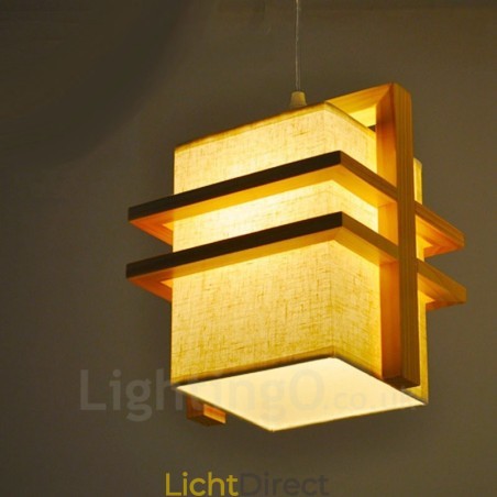 1 Lichte Houten Retro Vintage Hanglamp met Stoffen Kap 1 Lichte Houten Retro Vintage Hanglamp met Stoffen Kap