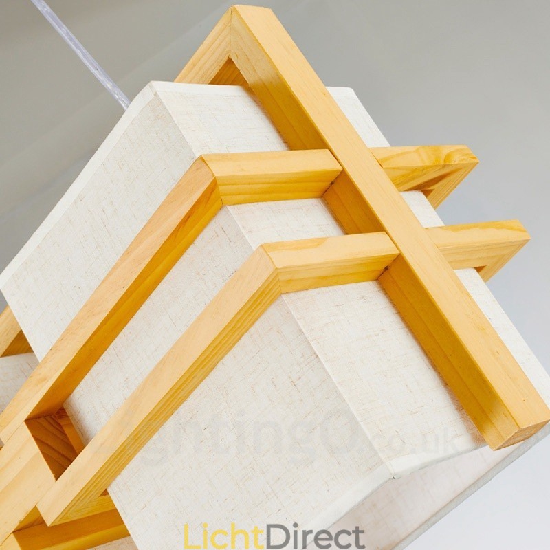 2-lichts houten retro vintage hanglamp met stoffen kap