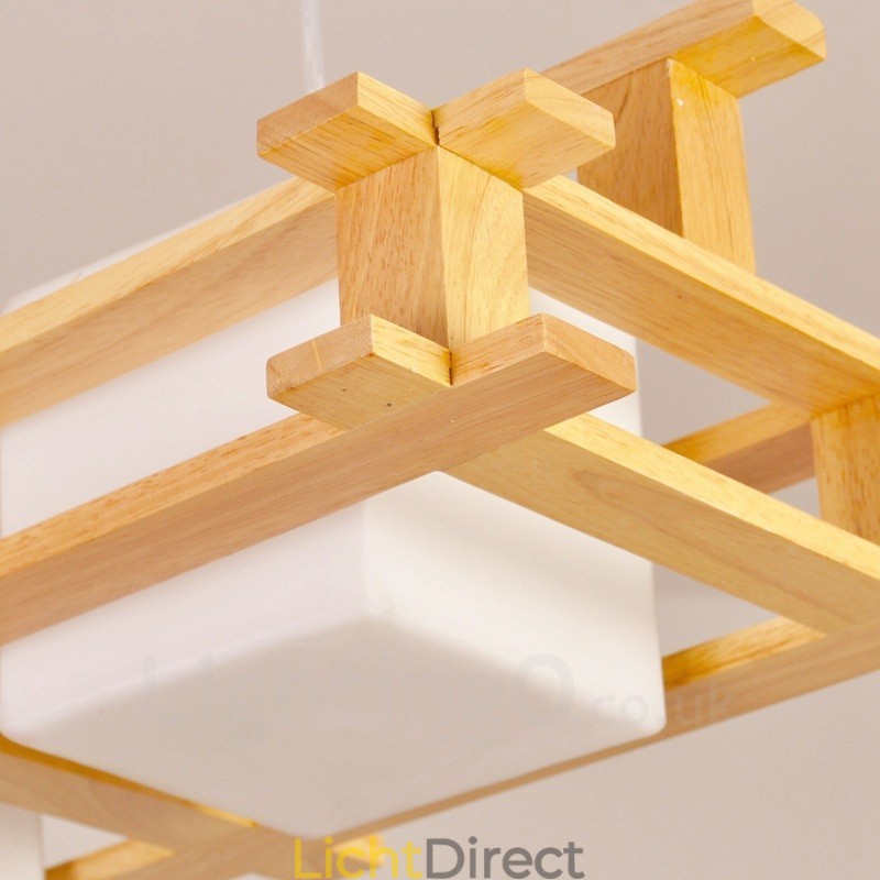 2 Lichte houten moderne eigentijdse Scandinavische stijl hanglamp met glazen kap