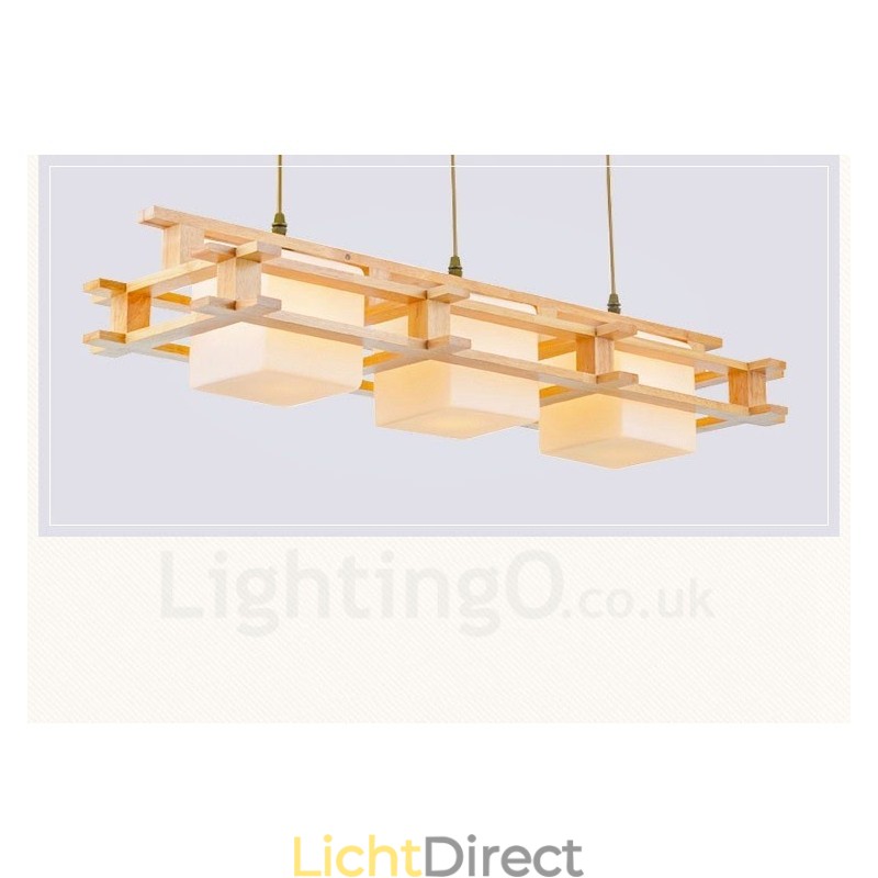 3-lichts houten moderne eigentijdse hanglamp in Scandinavische stijl met glazen kap