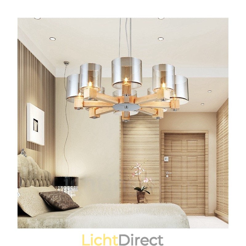 8 Lichte Houten Moderne Hedendaagse Scandinavische Stijl Hanglamp met Glazen Kap