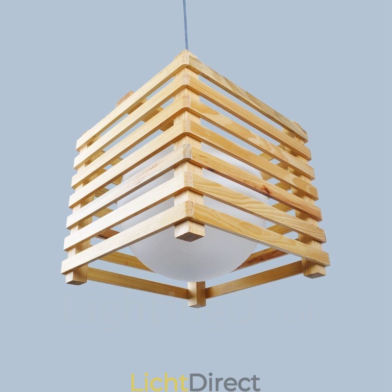1 Lichte houten moderne eigentijdse hanglamp in Scandinavische stijl met glazen kap
