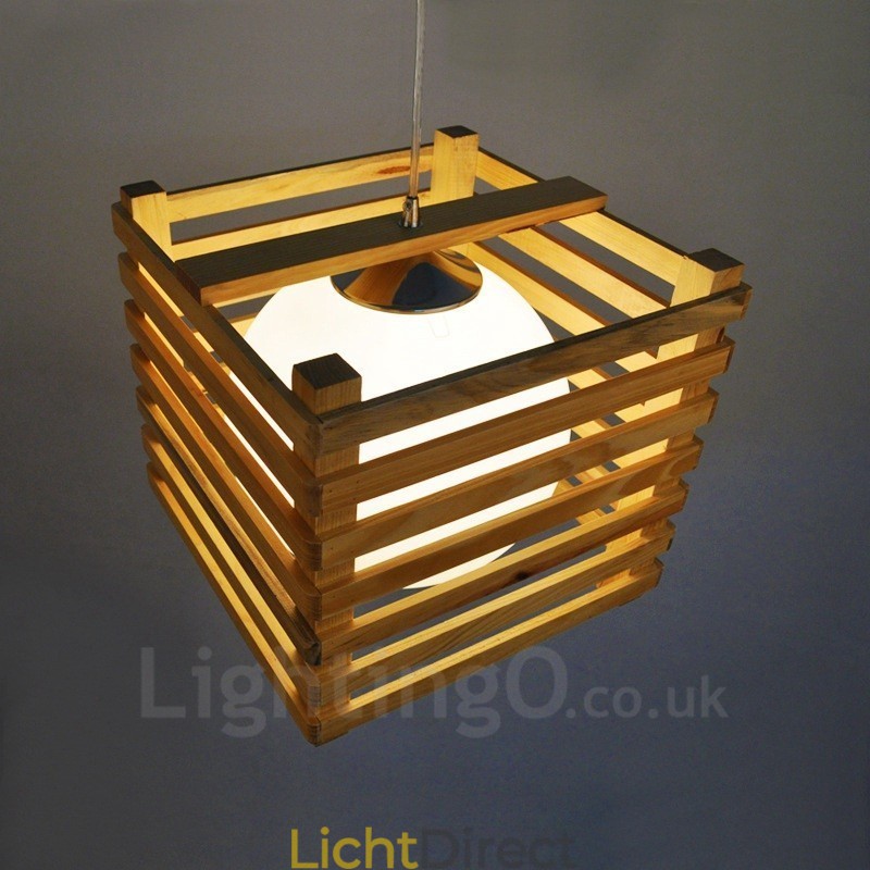 1 Lichte houten moderne eigentijdse hanglamp in Scandinavische stijl met glazen kap