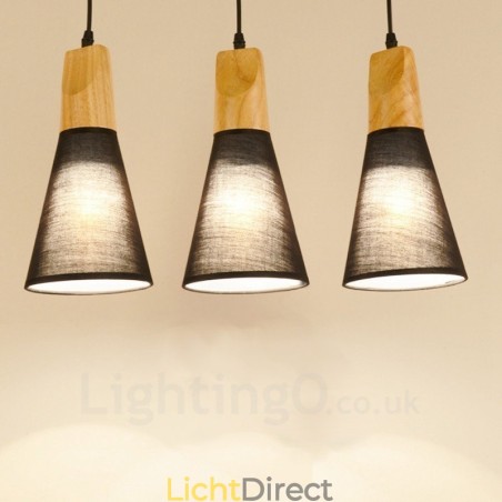 3-lichts moderne hanglamp van hout met stoffen kap 3-lichts moderne hanglamp van hout met stoffen kap