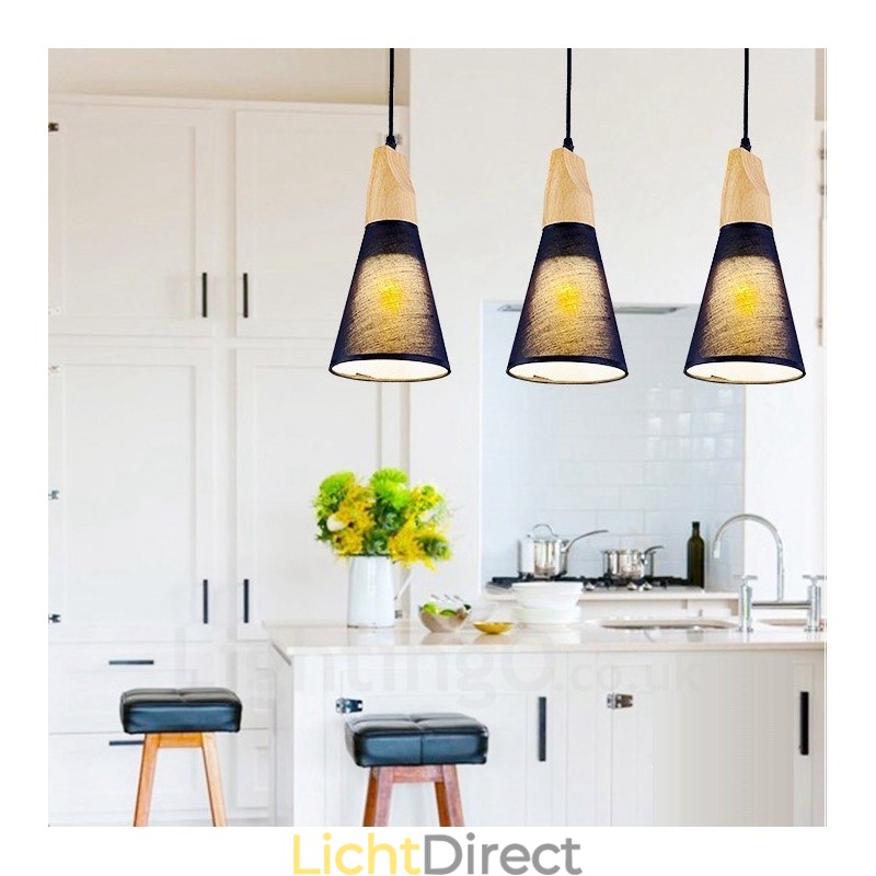 3-lichts moderne hanglamp van hout met stoffen kap