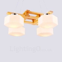 4-lichts houten moderne eigentijdse hanglamp in Scandinavische stijl met glazen kap