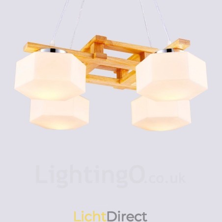 4-lichts houten moderne eigentijdse hanglamp in Scandinavische stijl met glazen kap 4-lichts houten moderne eigentijdse hanglamp in Scandinavische stijl met glazen kap