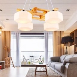 4-lichts houten moderne eigentijdse hanglamp in Scandinavische stijl met glazen kap