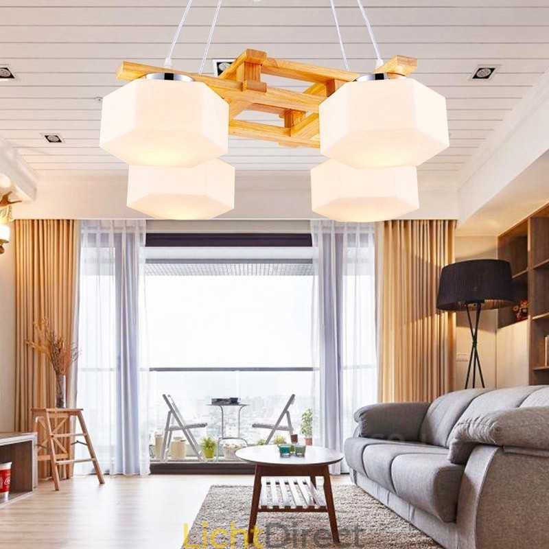 4-lichts houten moderne eigentijdse hanglamp in Scandinavische stijl met glazen kap