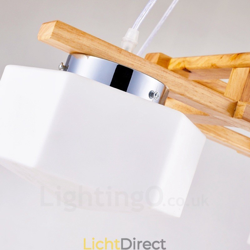 4-lichts houten moderne eigentijdse hanglamp in Scandinavische stijl met glazen kap