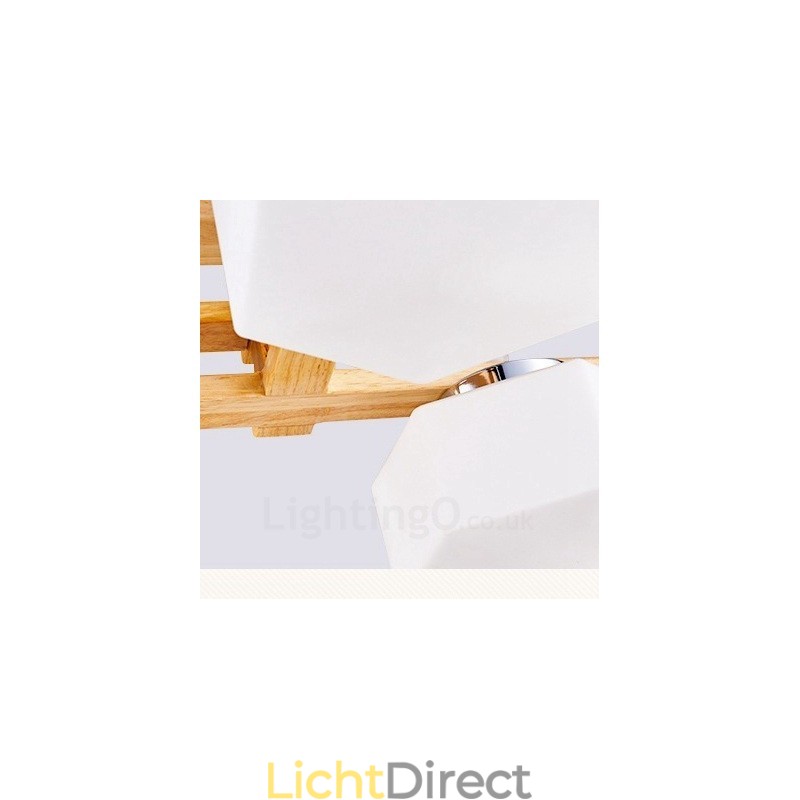 4-lichts houten moderne eigentijdse hanglamp in Scandinavische stijl met glazen kap