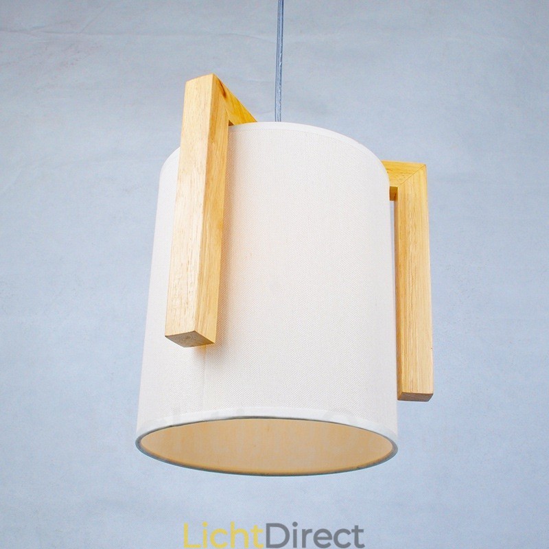 1 Lichte houten moderne eigentijdse hanglamp in Scandinavische stijl met stoffen kap