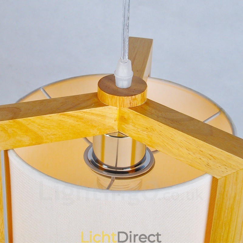 1 Lichte houten moderne eigentijdse hanglamp in Scandinavische stijl met stoffen kap