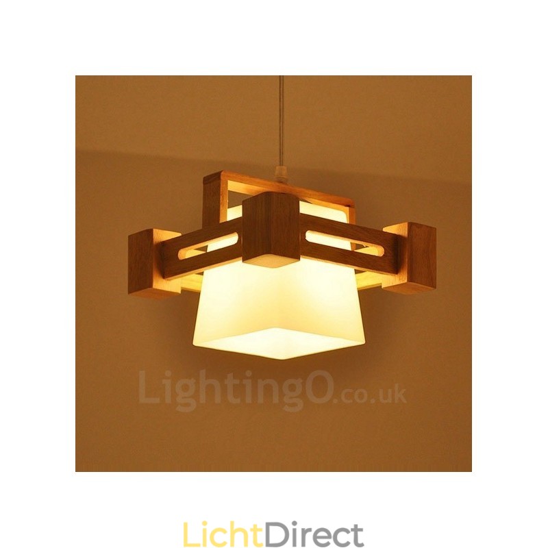 1 Lichte houten moderne eigentijdse hanglamp in Scandinavische stijl met stoffen kap