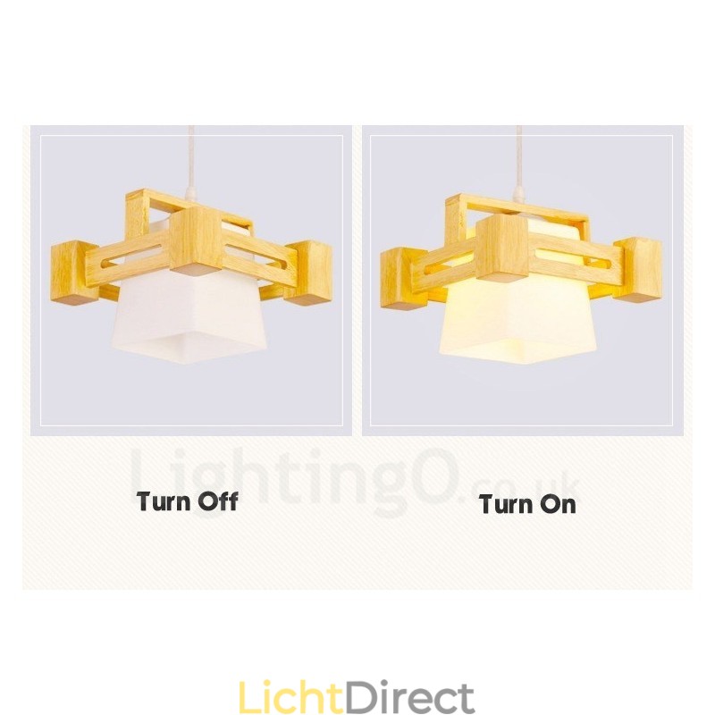 1 Lichte houten moderne eigentijdse hanglamp in Scandinavische stijl met stoffen kap
