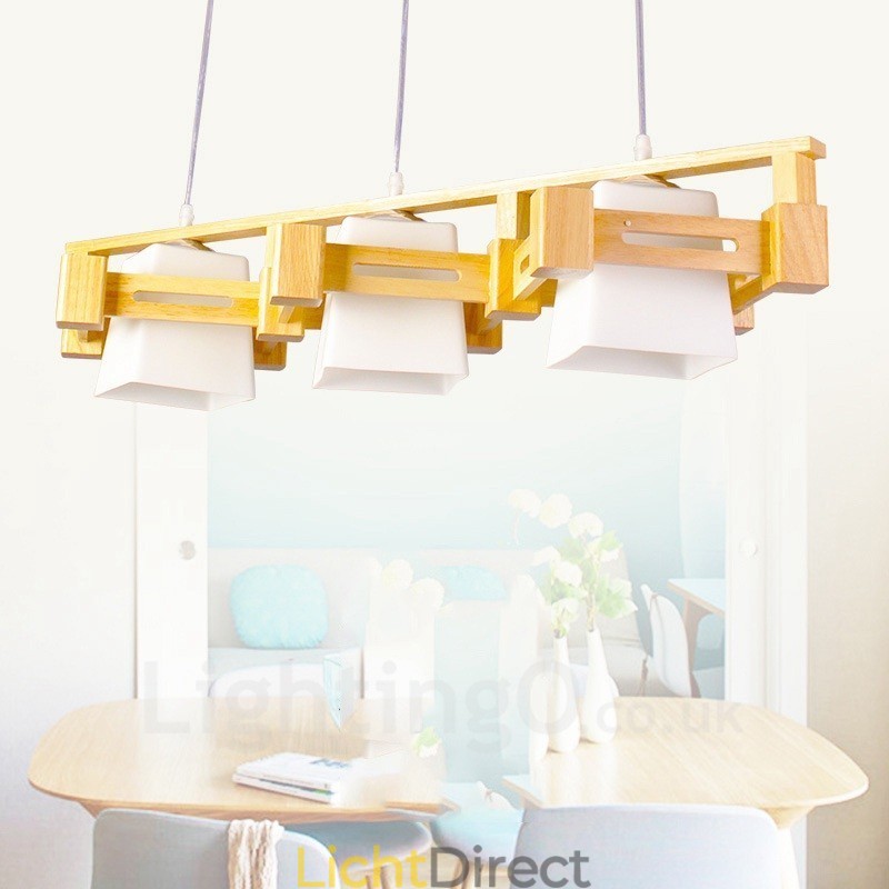 3-lichts houten moderne eigentijdse hanglamp in Scandinavische stijl met stoffen kap