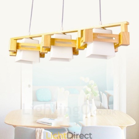 3-lichts houten moderne eigentijdse hanglamp in Scandinavische stijl met stoffen kap 3-lichts houten moderne eigentijdse hanglamp in Scandinavische stijl met stoffen kap