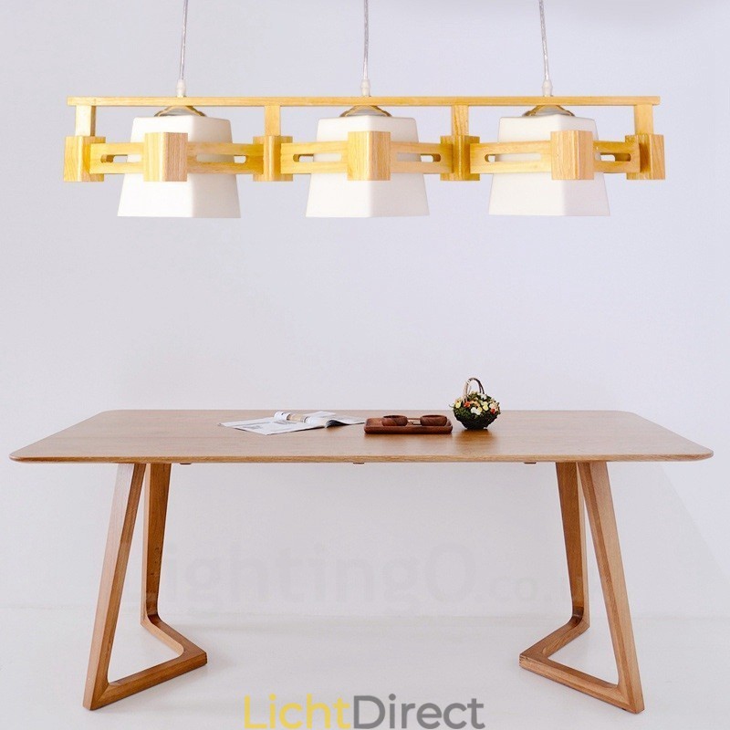 3-lichts houten moderne eigentijdse hanglamp in Scandinavische stijl met stoffen kap