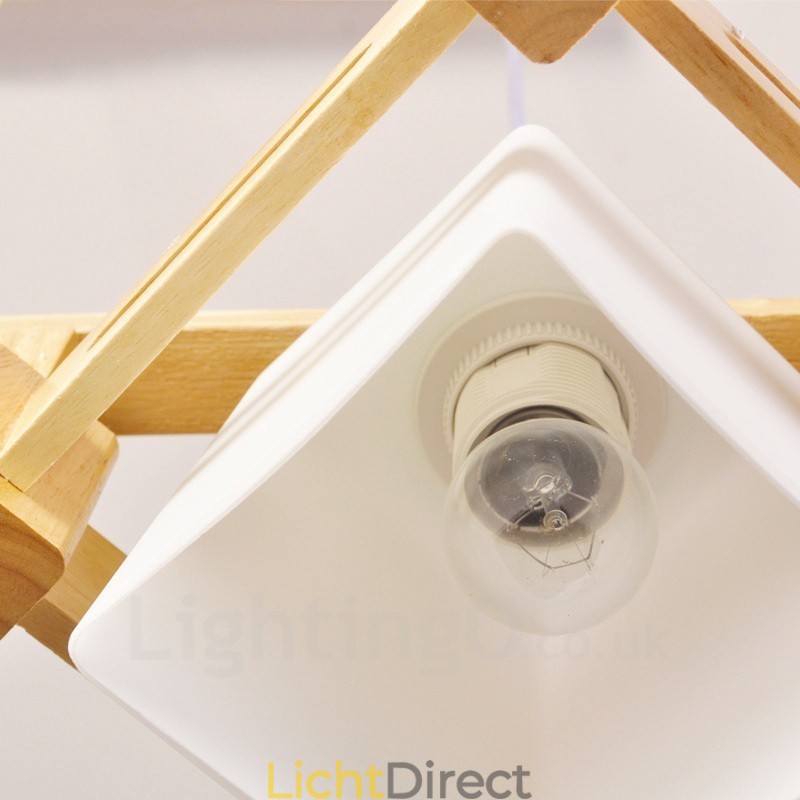 3-lichts houten moderne eigentijdse hanglamp in Scandinavische stijl met stoffen kap