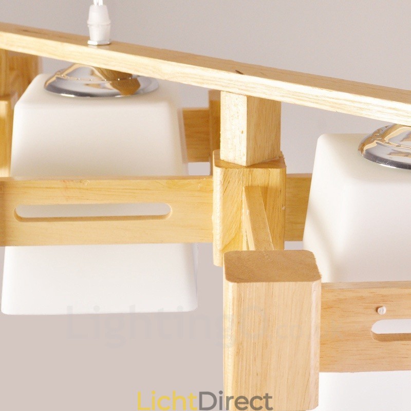 3-lichts houten moderne eigentijdse hanglamp in Scandinavische stijl met stoffen kap