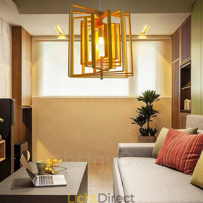 1 Lichte houten moderne eigentijdse hanglamp in Scandinavische stijl met houten kap