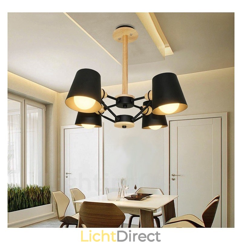 4-lichts houten moderne eigentijdse hanglamp in Scandinavische stijl met ijzeren kap