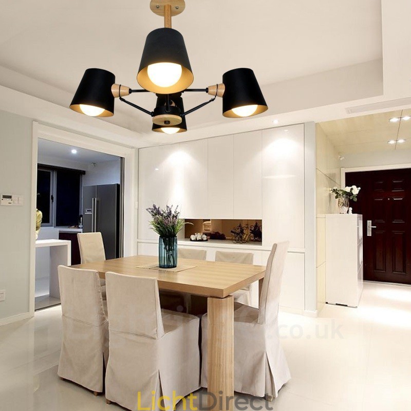 4-lichts houten moderne eigentijdse hanglamp in Scandinavische stijl met ijzeren kap
