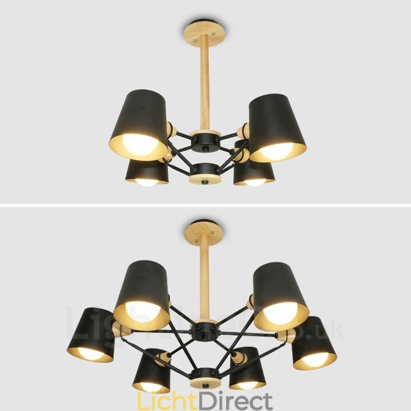 4-lichts houten moderne eigentijdse hanglamp in Scandinavische stijl met ijzeren kap
