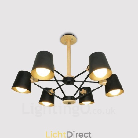 6-lichts houten moderne eigentijdse hanglamp in Scandinavische stijl met ijzeren kap 6-lichts houten moderne eigentijdse hanglamp in Scandinavische stijl met ijzeren kap