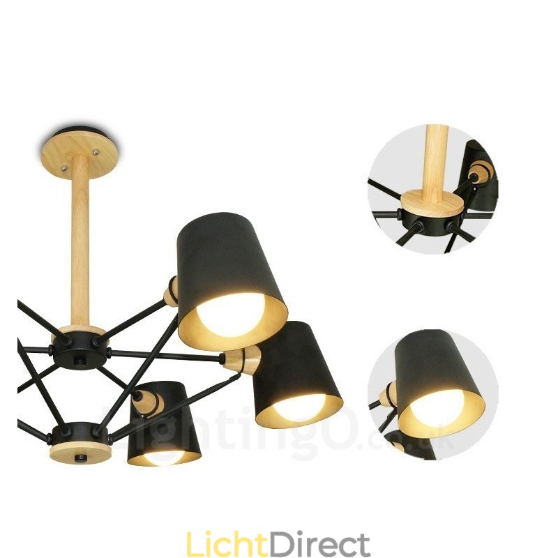 6-lichts houten moderne eigentijdse hanglamp in Scandinavische stijl met ijzeren kap