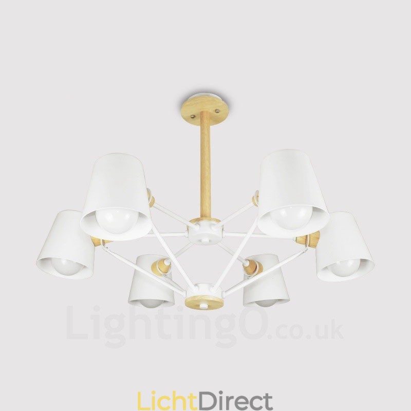 6-lichts houten moderne eigentijdse hanglamp in Scandinavische stijl met ijzeren kap