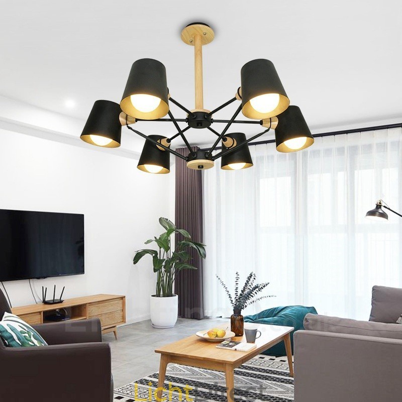 6-lichts houten moderne eigentijdse hanglamp in Scandinavische stijl met ijzeren kap