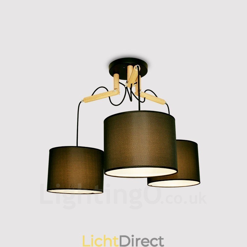 3-lichts moderne hanglamp van hout met stoffen kap