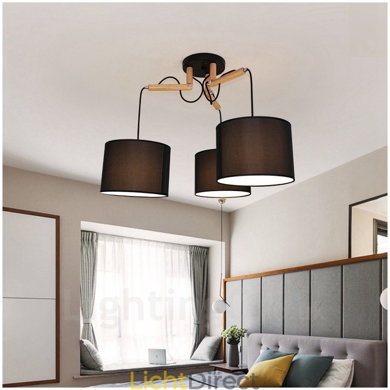 3-lichts moderne hanglamp van hout met stoffen kap