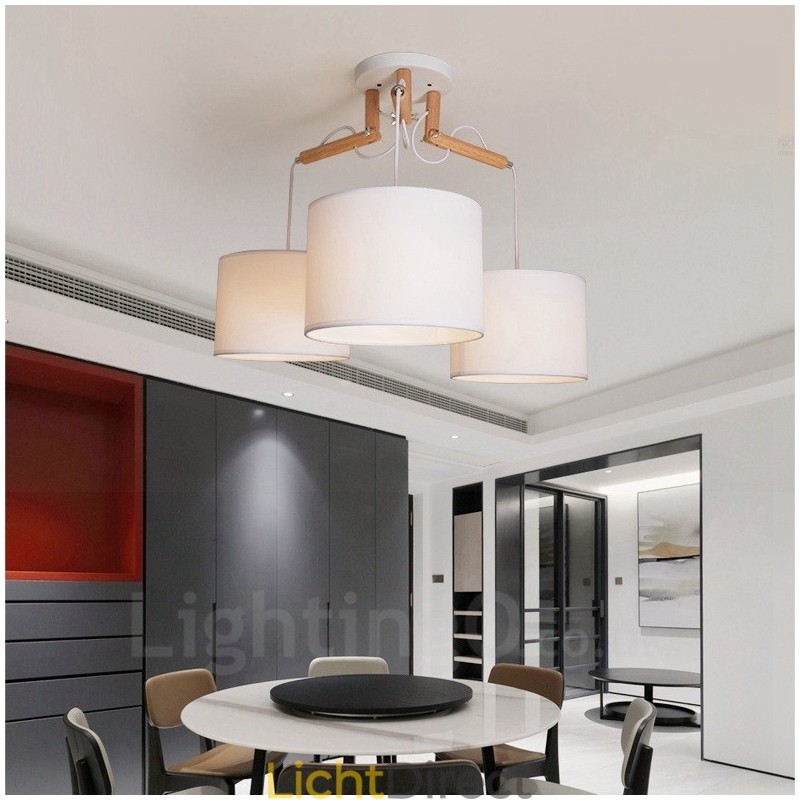 3-lichts moderne hanglamp van hout met stoffen kap