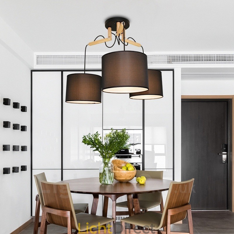 3-lichts moderne hanglamp van hout met stoffen kap