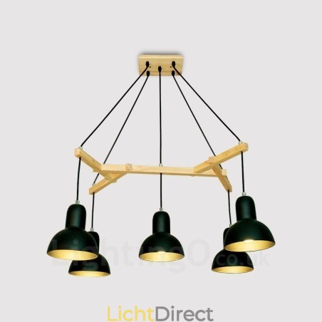 5-lichts moderne hanglamp van hout met ijzeren kap 5-lichts moderne hanglamp van hout met ijzeren kap