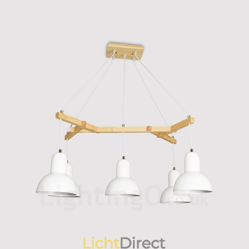 5-lichts moderne hanglamp van hout met ijzeren kap