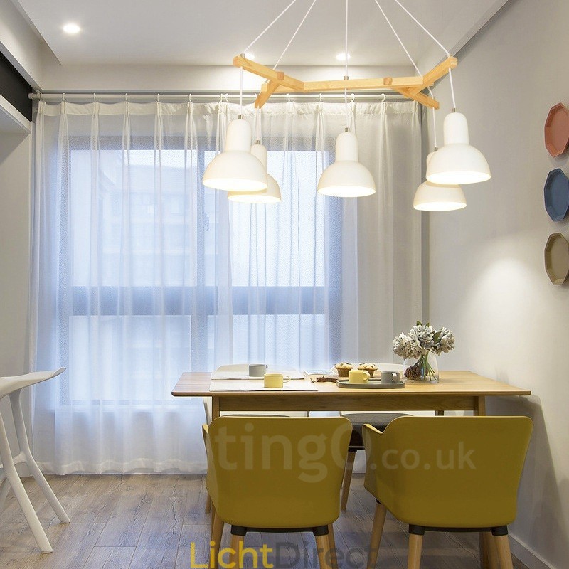 5-lichts moderne hanglamp van hout met ijzeren kap